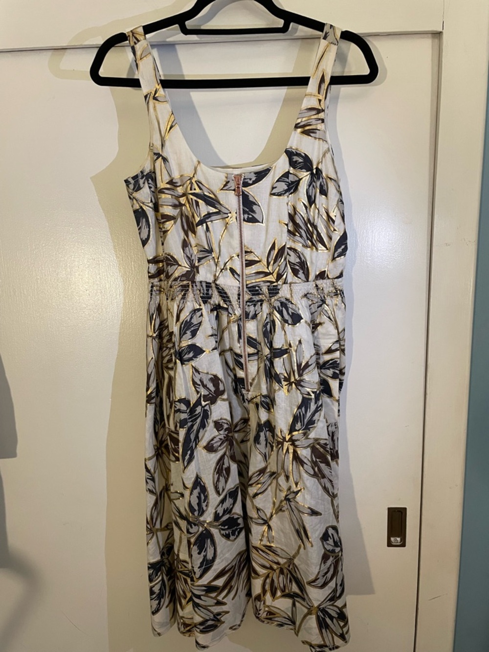 J. Crew White Midi Dress with Gold and Black Leaf Print